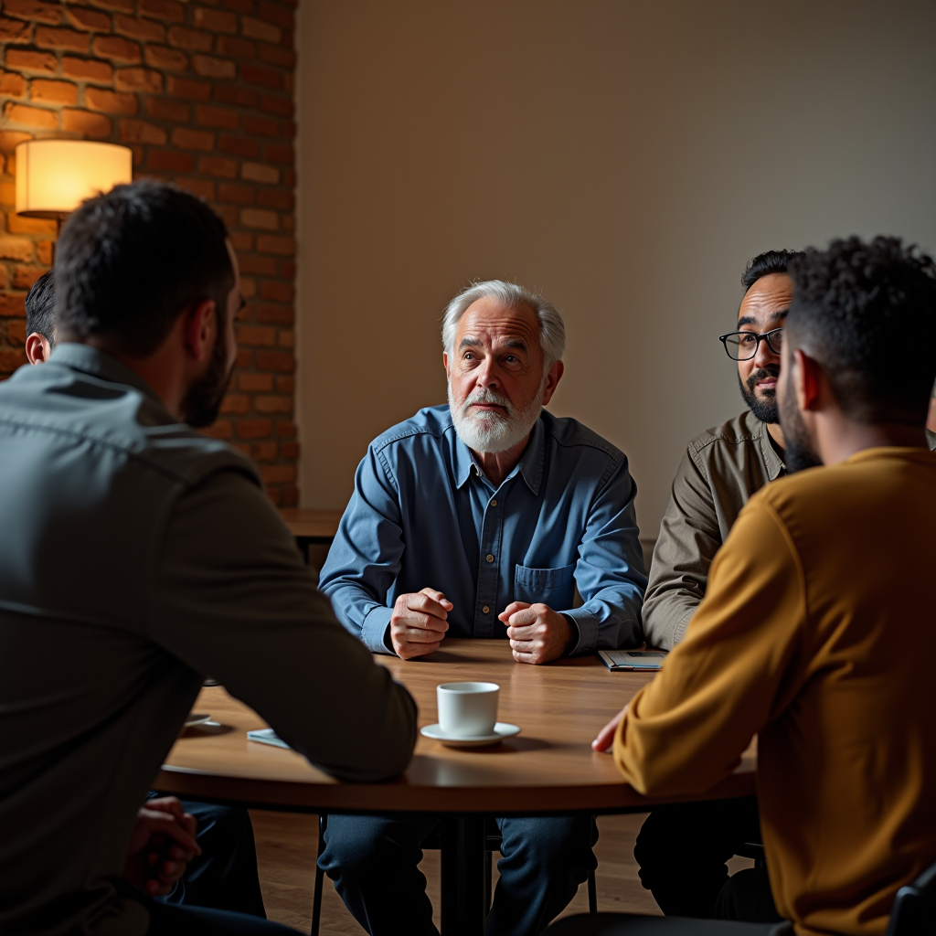 Group of diverse men in a leadership circle discussion, engaged in meaningful conversation and fellowship in a warm, welcoming community setting