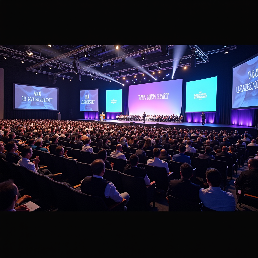 Large conference hall filled with over 500 men seated in rows, attentively listening to speakers on stage. Professional lighting illuminates the venue with banners displaying leadership themes. Diverse group of attendees from various faith communities engaged in the event. Stage features podium and presentation screens.