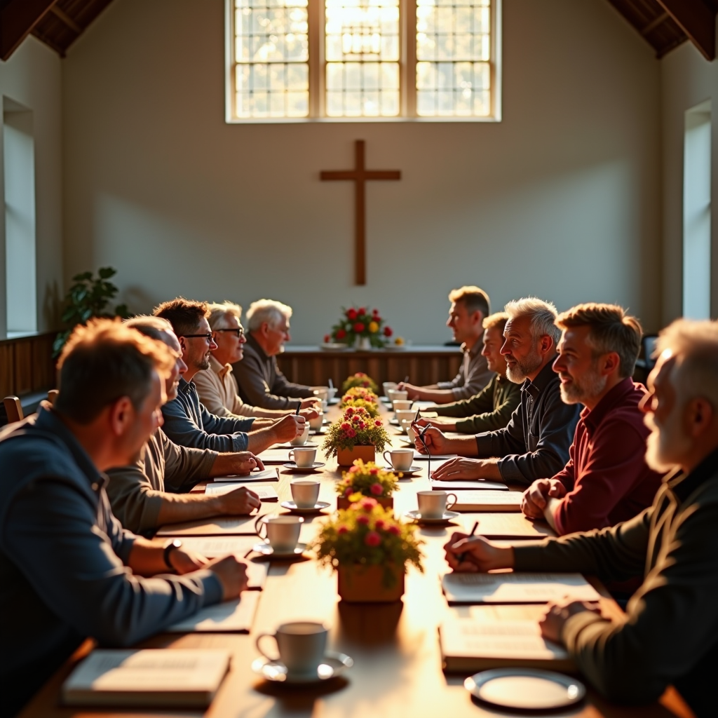 Diverse group of men of various ages sitting around a long wooden table in a church fellowship hall during early morning, sharing breakfast with coffee cups, open Bibles, and notebooks visible, warm natural light streaming through windows, atmosphere of camaraderie and spiritual fellowship