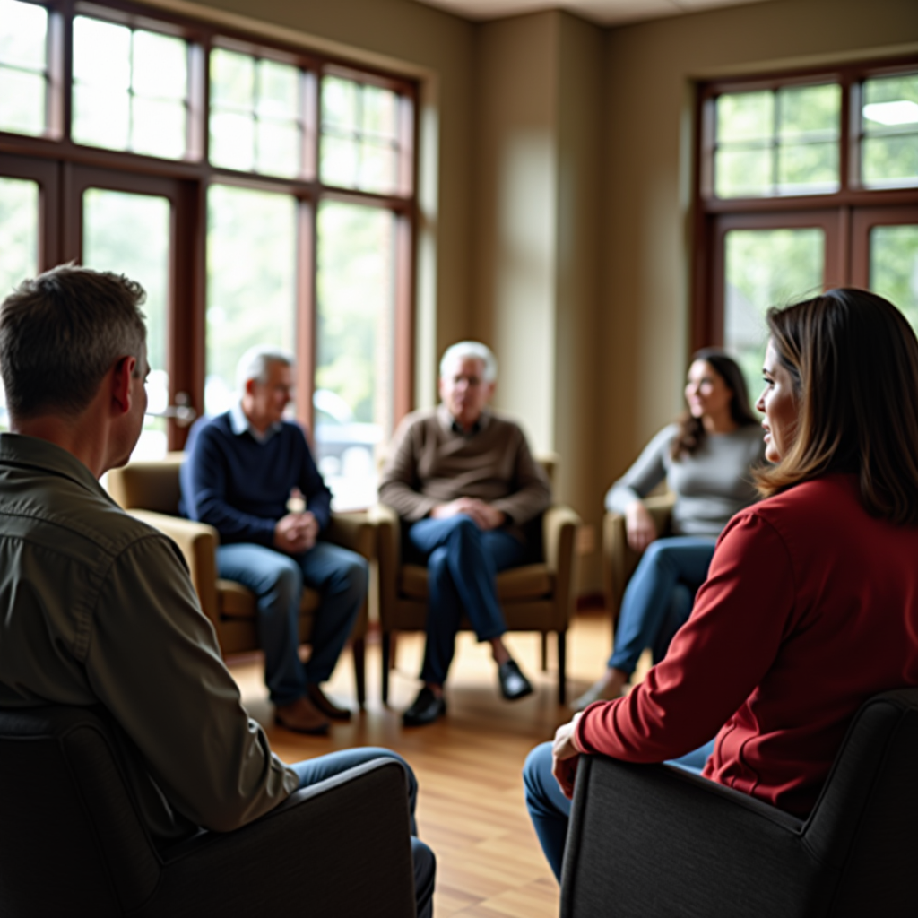 Group of military veterans sitting in a circle during a peer support session, with a facilitator leading discussion in a warm, welcoming community center room with natural lighting and comfortable seating