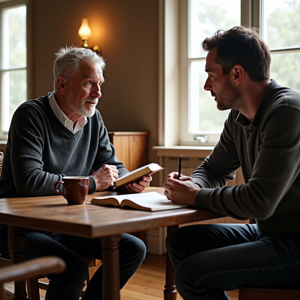 Two Christian men sitting together in a comfortable church meeting room, one older mentor with gray hair holding an open Bible, the other younger man taking notes, warm natural lighting through windows, wooden table between them, coffee cups, atmosphere of trust and learning