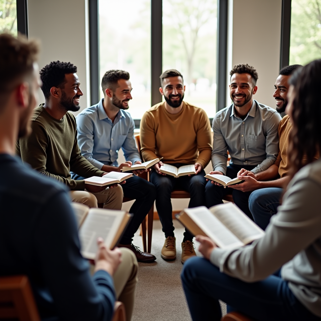 Group of diverse men engaged in leadership workshop discussion, sitting in a circle with open Bibles and notebooks, natural lighting from large windows, warm and welcoming atmosphere in a modern church meeting room