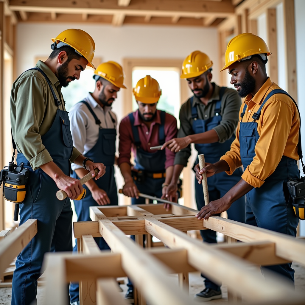 Group of diverse men in work clothes collaborating on a home construction project, hammering and measuring wood frames, with tools and building materials visible, showing teamwork and community service in action