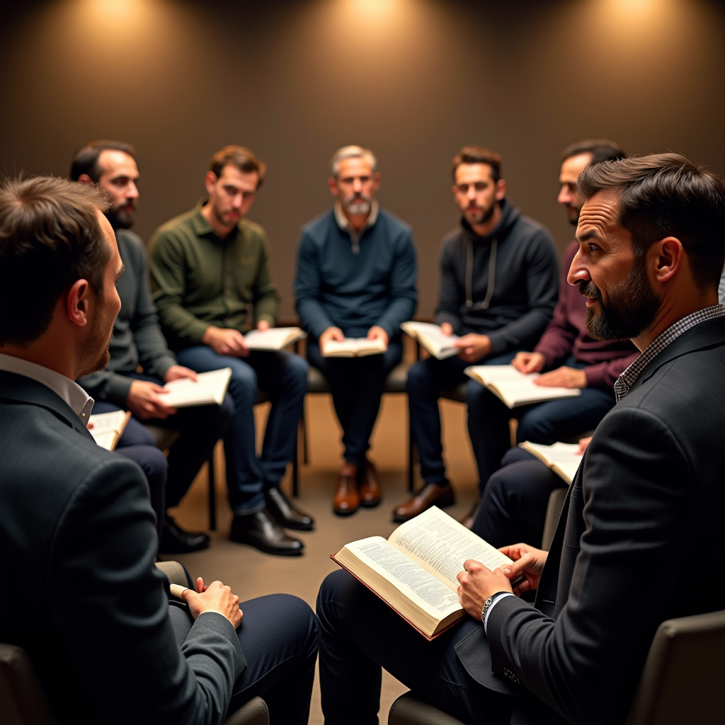 Group of diverse men sitting in a circle during a leadership workshop, engaged in discussion with open Bibles and notebooks, warm lighting creating an atmosphere of fellowship and learning in a modern church meeting room
