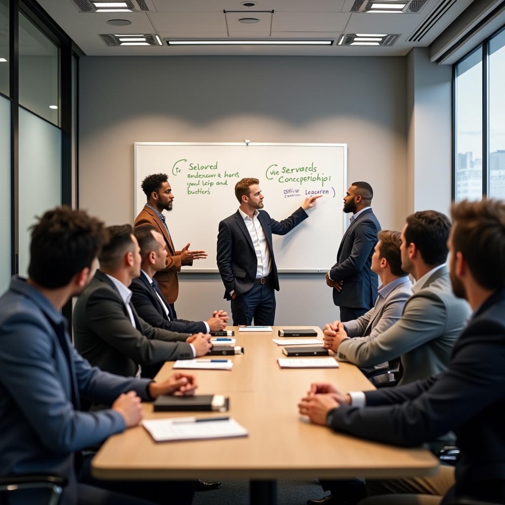 Group of diverse men in a modern conference room participating in a leadership workshop, standing around a table with notebooks and Bibles, instructor pointing to a whiteboard with servant leadership principles written on it