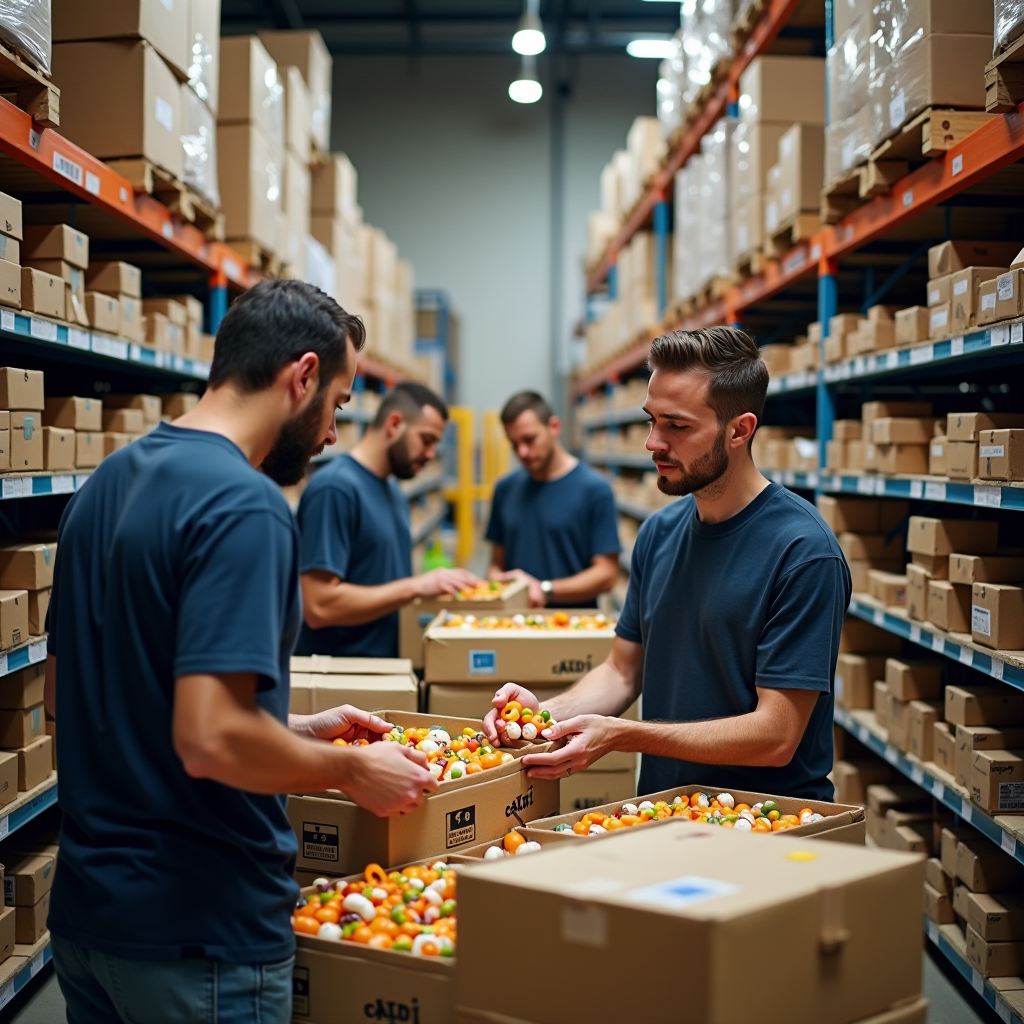 Men's ministry volunteers organizing food bank supplies, shelves stocked with food items, volunteers working together in organized warehouse, community service in action, faith-based charitable work